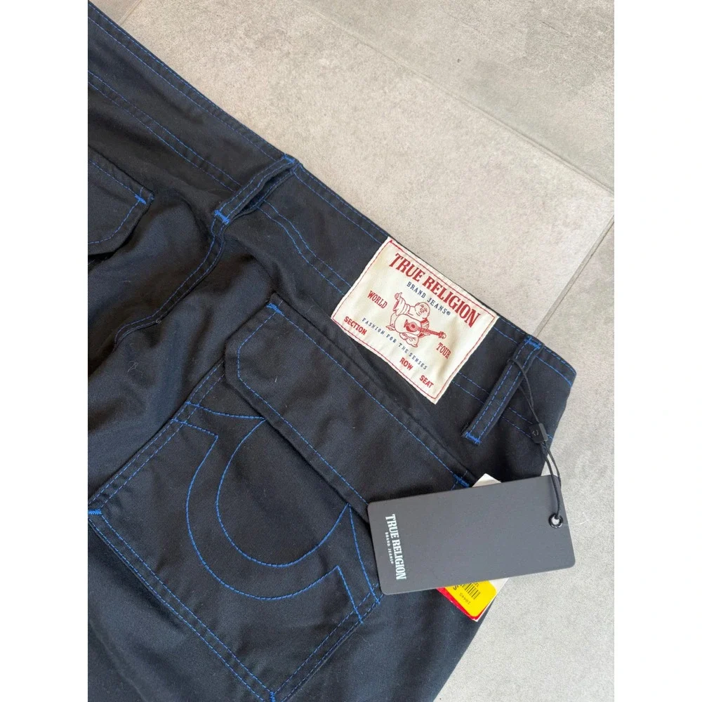 NWT True Religion Mens Black Pacific Blue Contrast Stitch Cargo Pants 108335 34